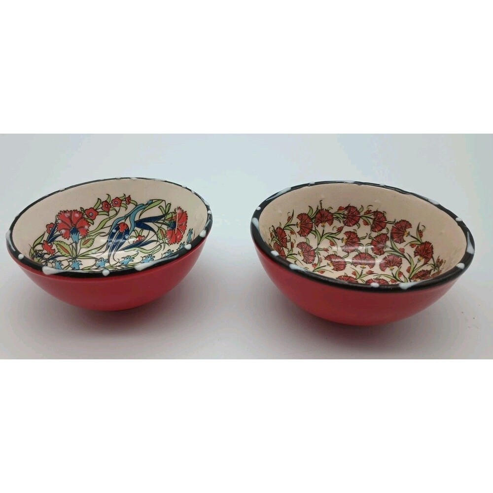 Turkish Pottery Finger Dip Bowls 3" Red Floral